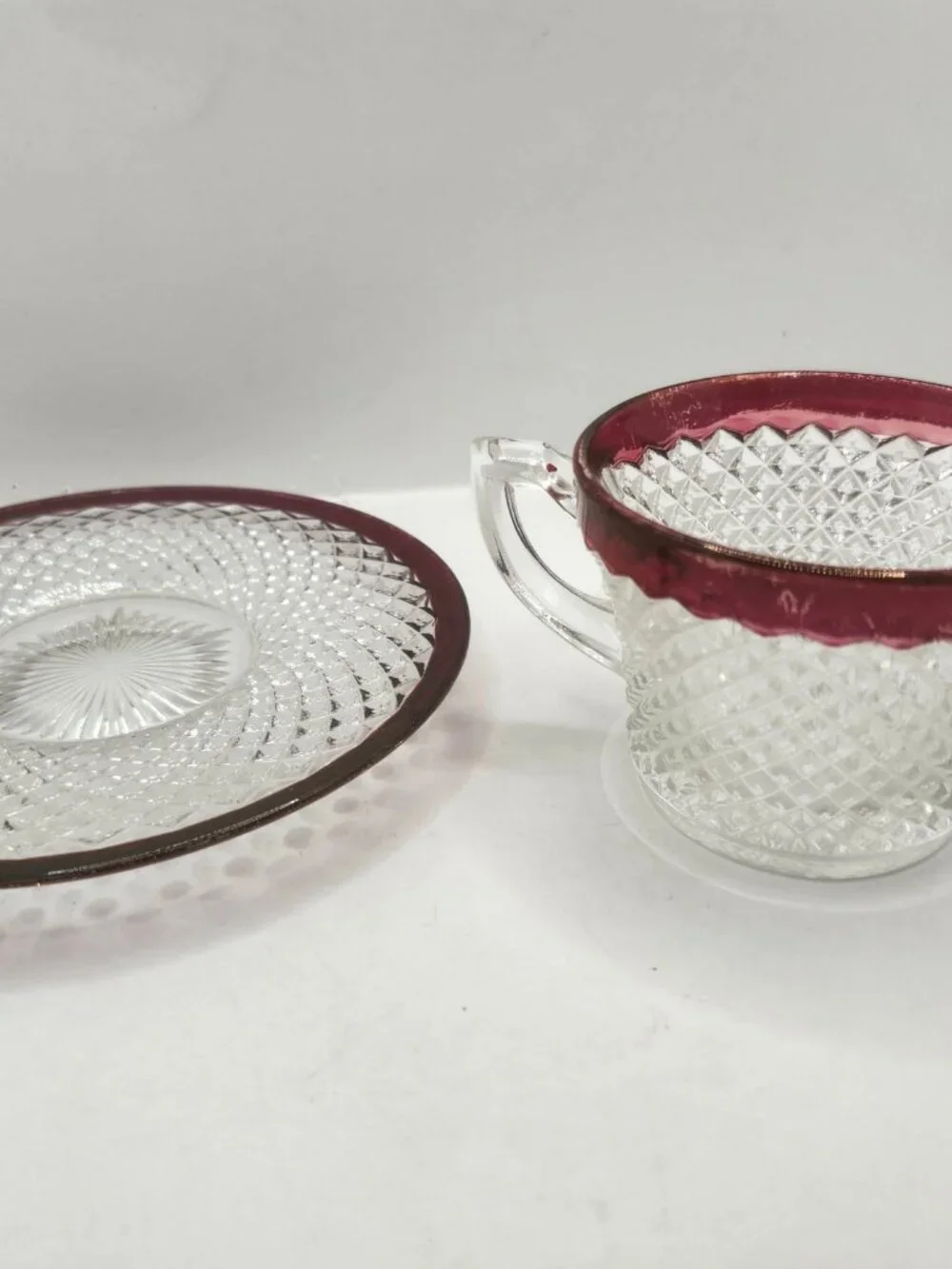 Vintage Set of 4 Indiana Glass Ruby Red Diamond Point Cups with Saucer Sets